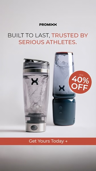 A clean, studio-lit display of two electric shaker bottle variations featuring a clear 40% off sale badge and direct brand messaging.